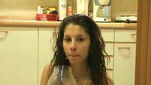 Amateur Brunette In Fetish Porno Drinking Piss On Kitchen Floor