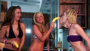 Kimberly, Samantha And Sophia Play With A Banana In The Kitchen