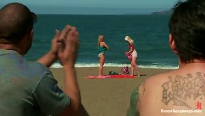 Blonde Chick Gets Fucked By Guys In A Restroom At A Beach