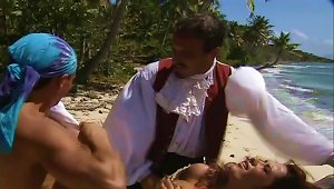 Curly Babe Gets Fucked By Two Guys On Uninhabited Island