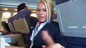 Horny Blonde Stewardess Servicing Aroused Male Passengers On Board
